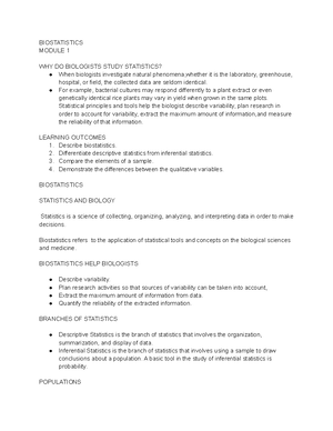 Biostatistics Assignment #1) - 4 Give examples of populations with the ...