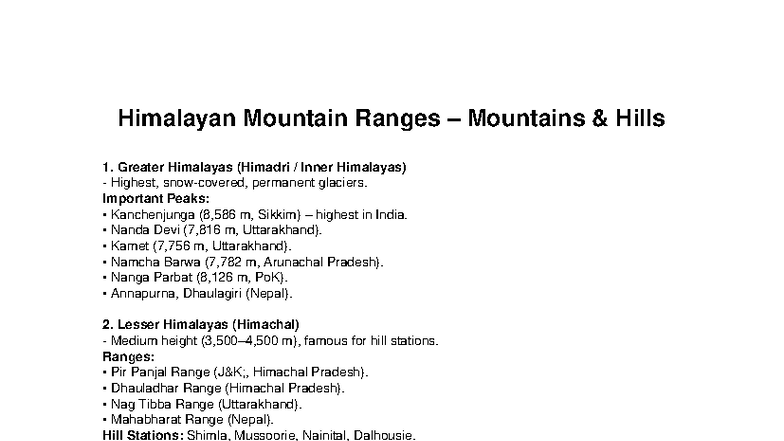 Himalayan Mountain Ranges Overview: Peaks & Hills - Studocu