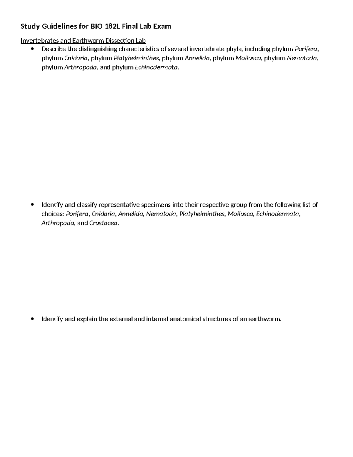 BIO 182L Final Lab Exam Study Guide: Invertebrates & Chordates - Studocu