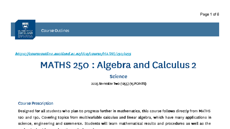 MATHS 250: Algebra & Calculus II Course Outline - 2025 Semester 2 - Studocu