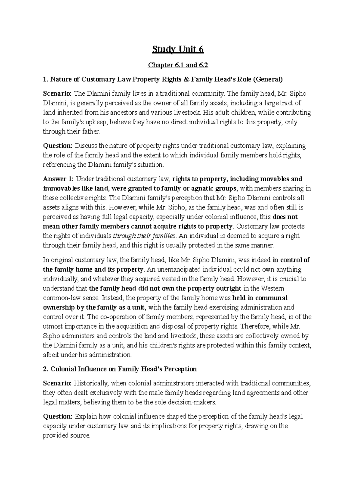 Study Unit 6 - Customary Law Property Rights and Family Dynamics - Studocu