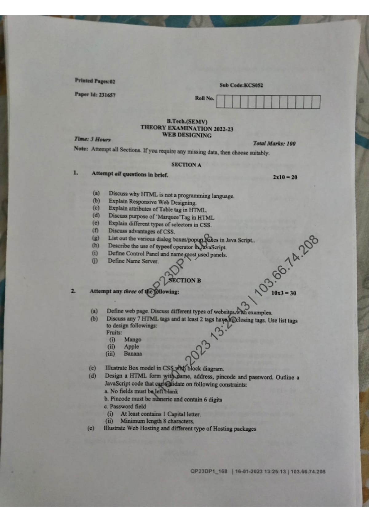 Web Designing KCS PYQ's - B TECH SEM-V Theory Exam 2020 - Studocu