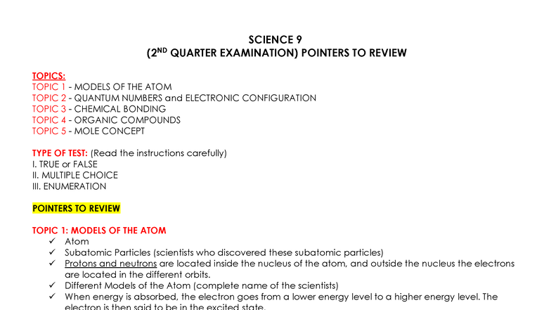 Science 9 - 2ND QUARTER EXAM REVIEW: Key Topics & Concepts - Studocu