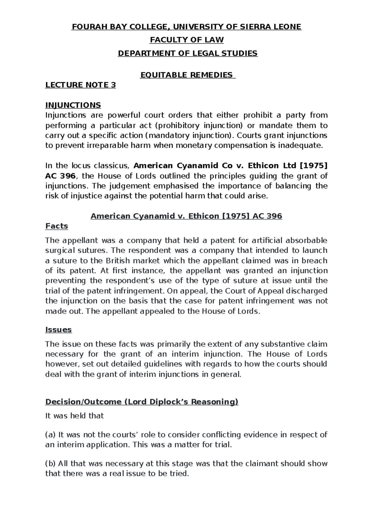 Equity Law LECTURE NOTE 3: Injunctions and Equitable Remedies - Studocu