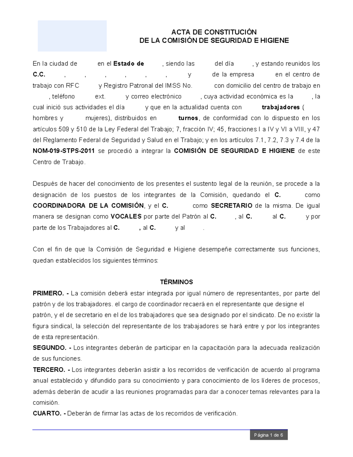 Acta de Constitución de la Comisión de Seguridad e Higiene CSH - Studocu