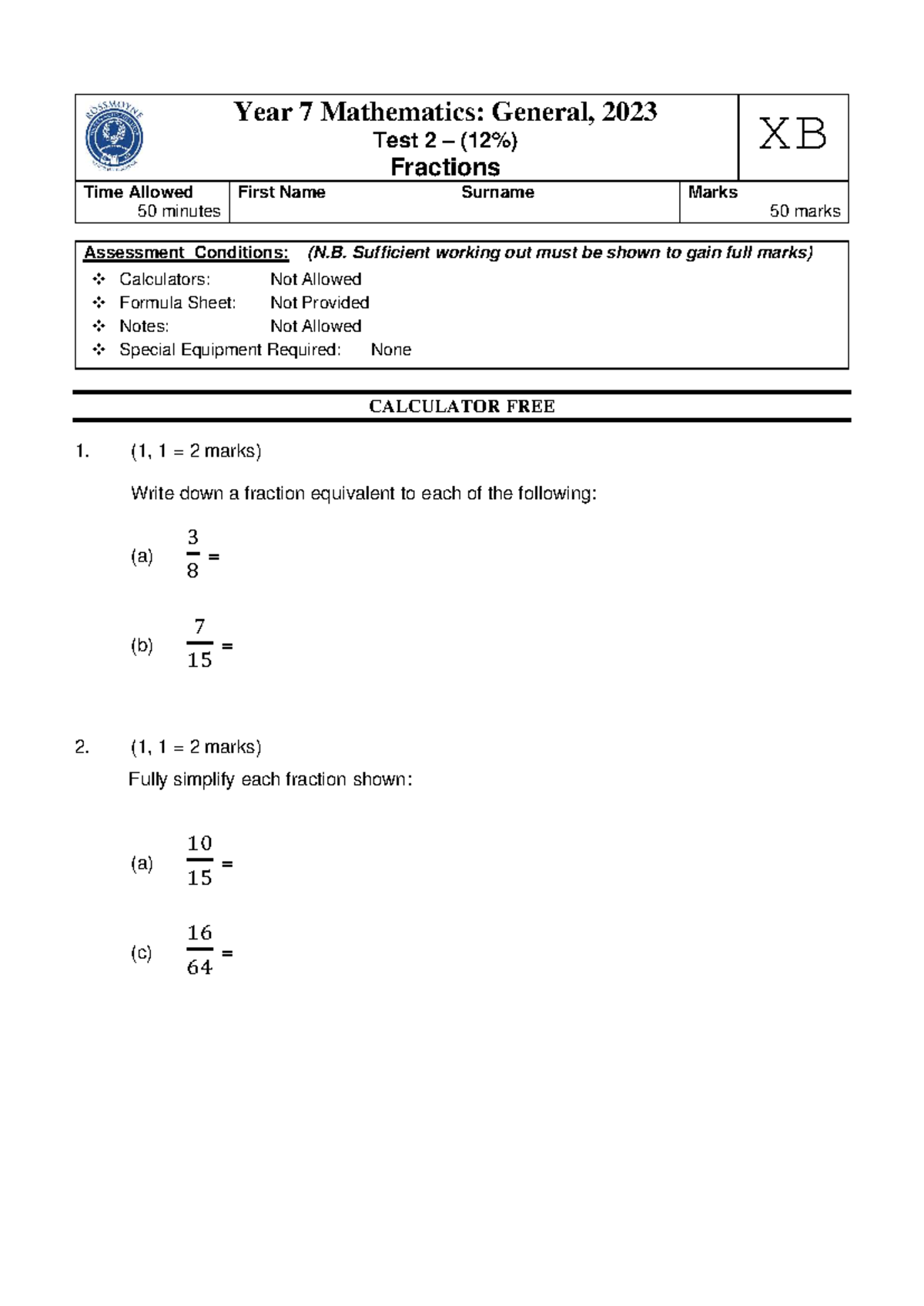2023 7MA Test 2 - Fractions Assessment and Solutions - Studocu