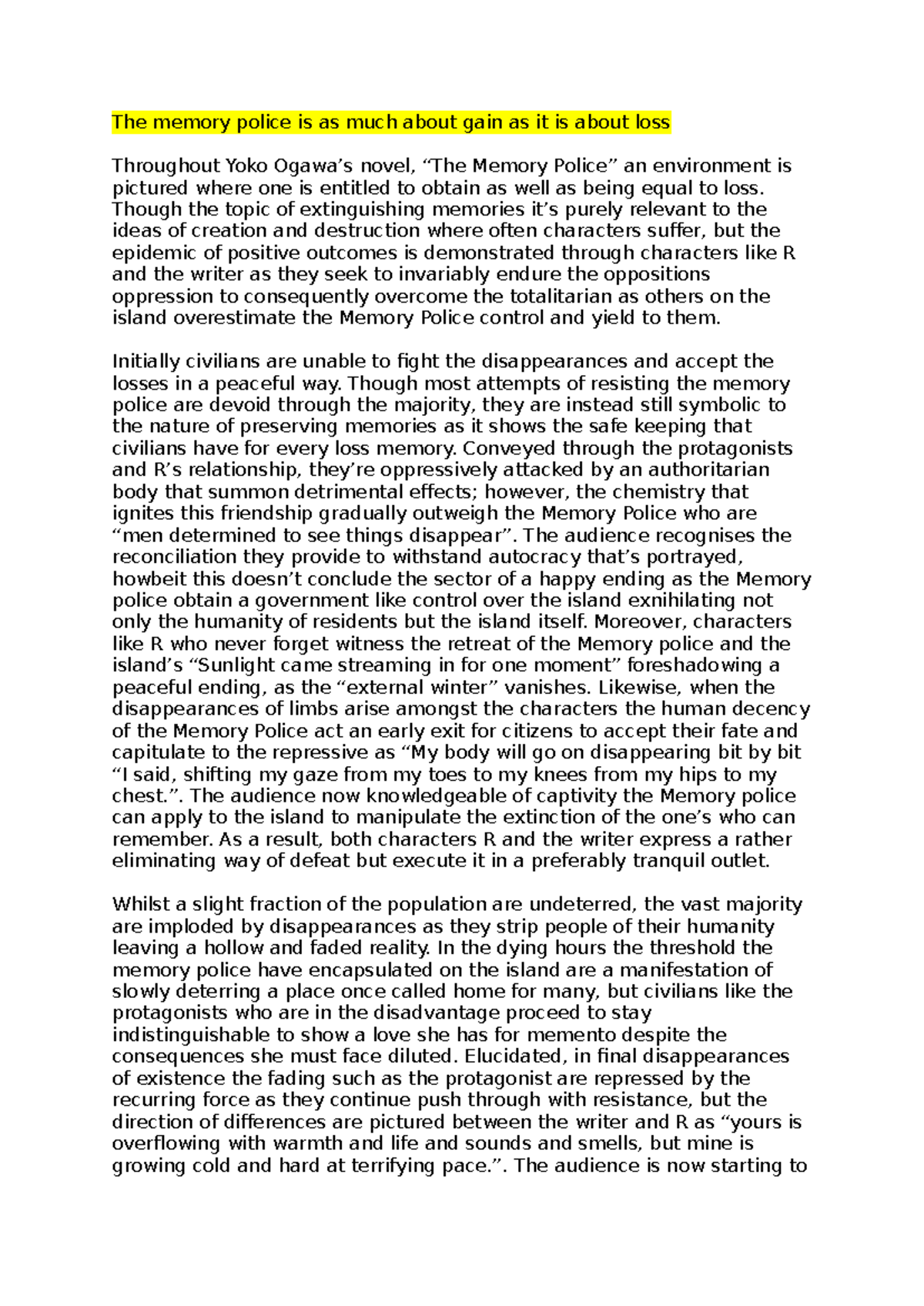 Memrory police practice essay 2 - The memory police is as much about ...