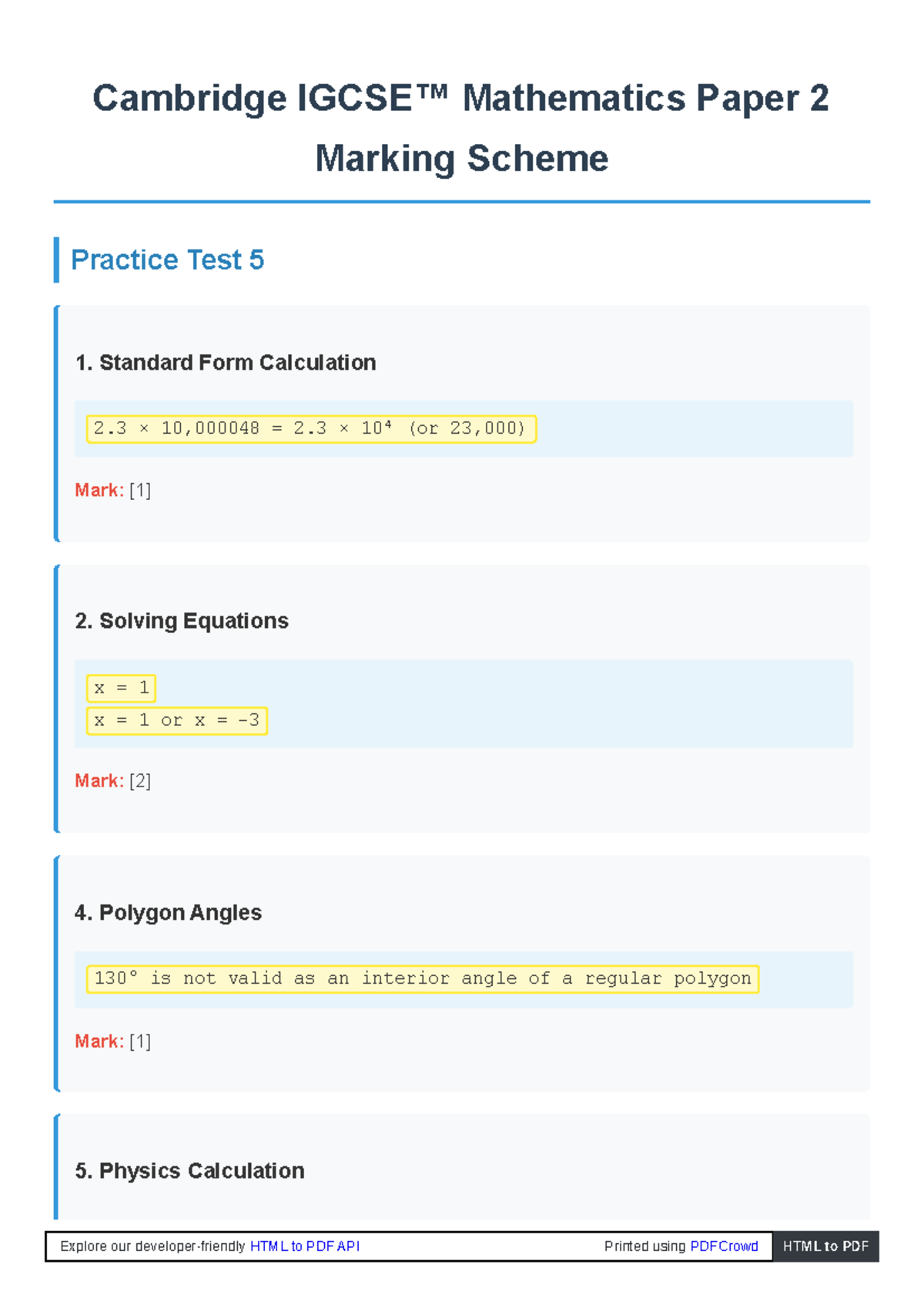 Cambridge 0580 Math Paper 2 Test 5 Marking Scheme Overview - Studocu