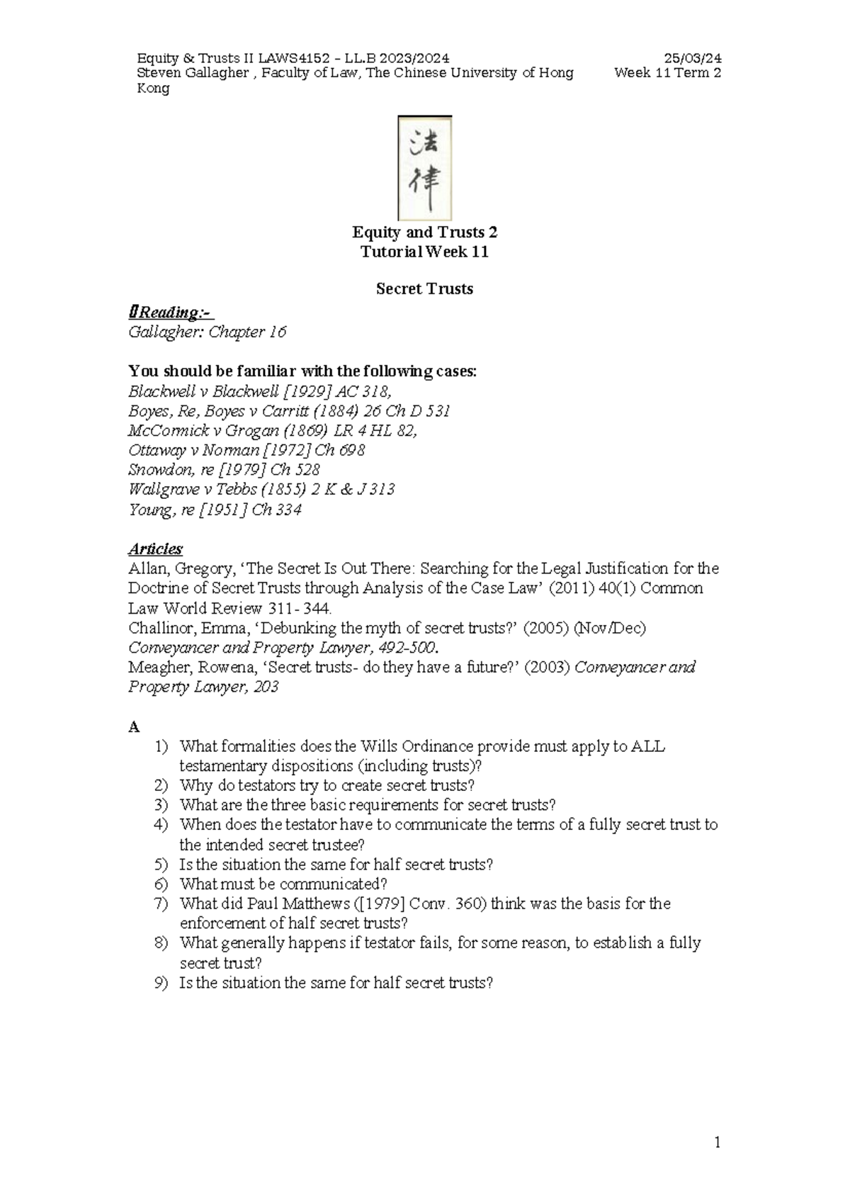 E&T 2 LAWS4152 Tutorial 11: Understanding Secret Trusts - Studocu
