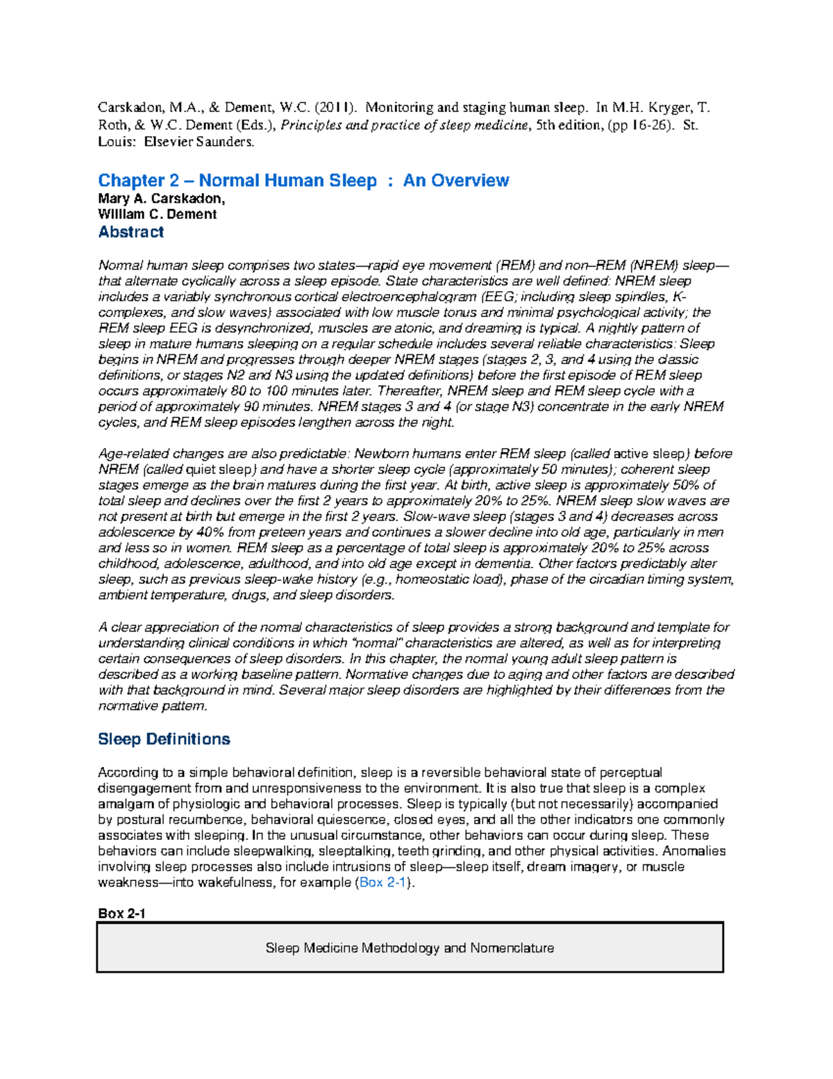 Chapter 2: Overview of Normal Human Sleep (Carskadon & Dement, 2011 ...