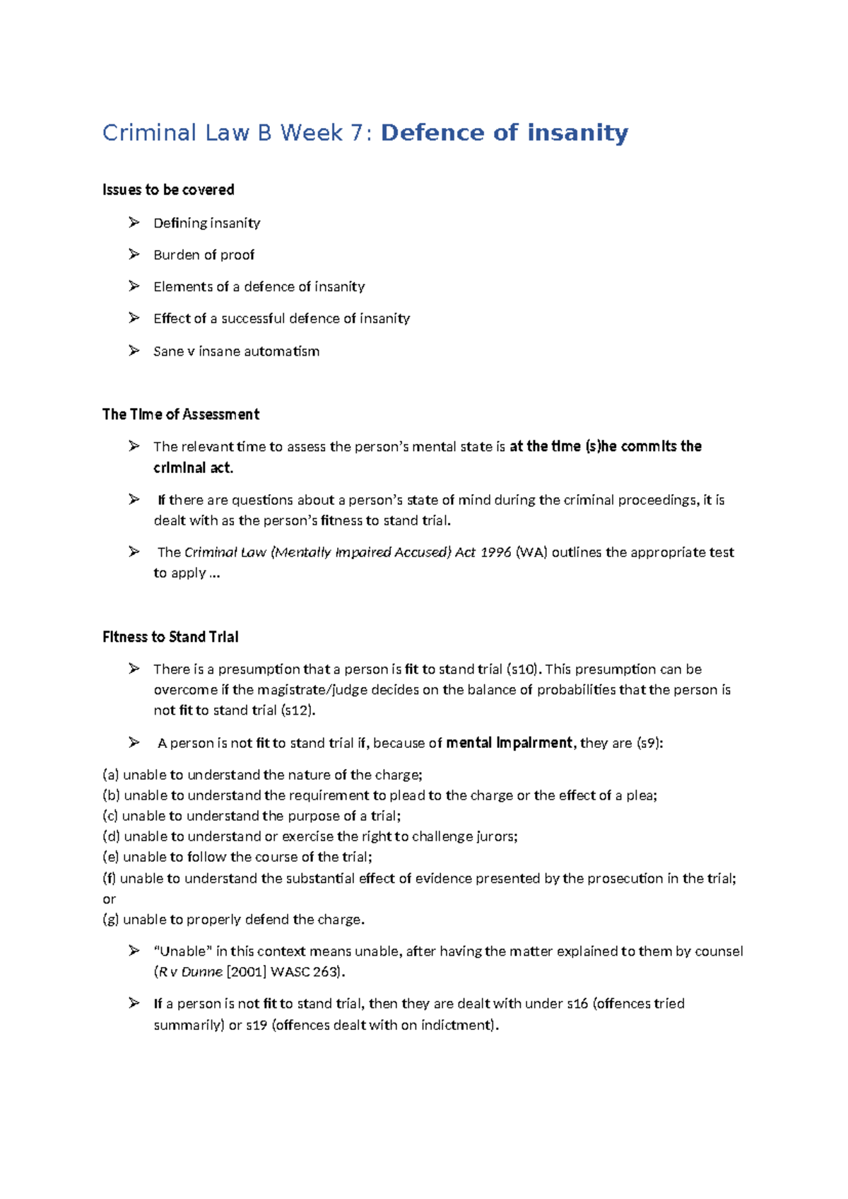 Criminal Law B Week 7 - Defence of insanity - Criminal Law B Week 7 ...