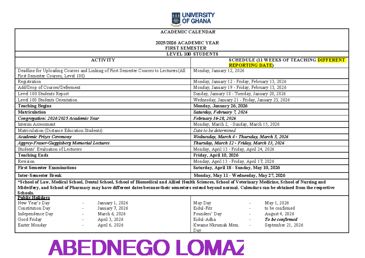 Level 100 Academic Calendar 2025-2026: First Semester Schedule - Studocu