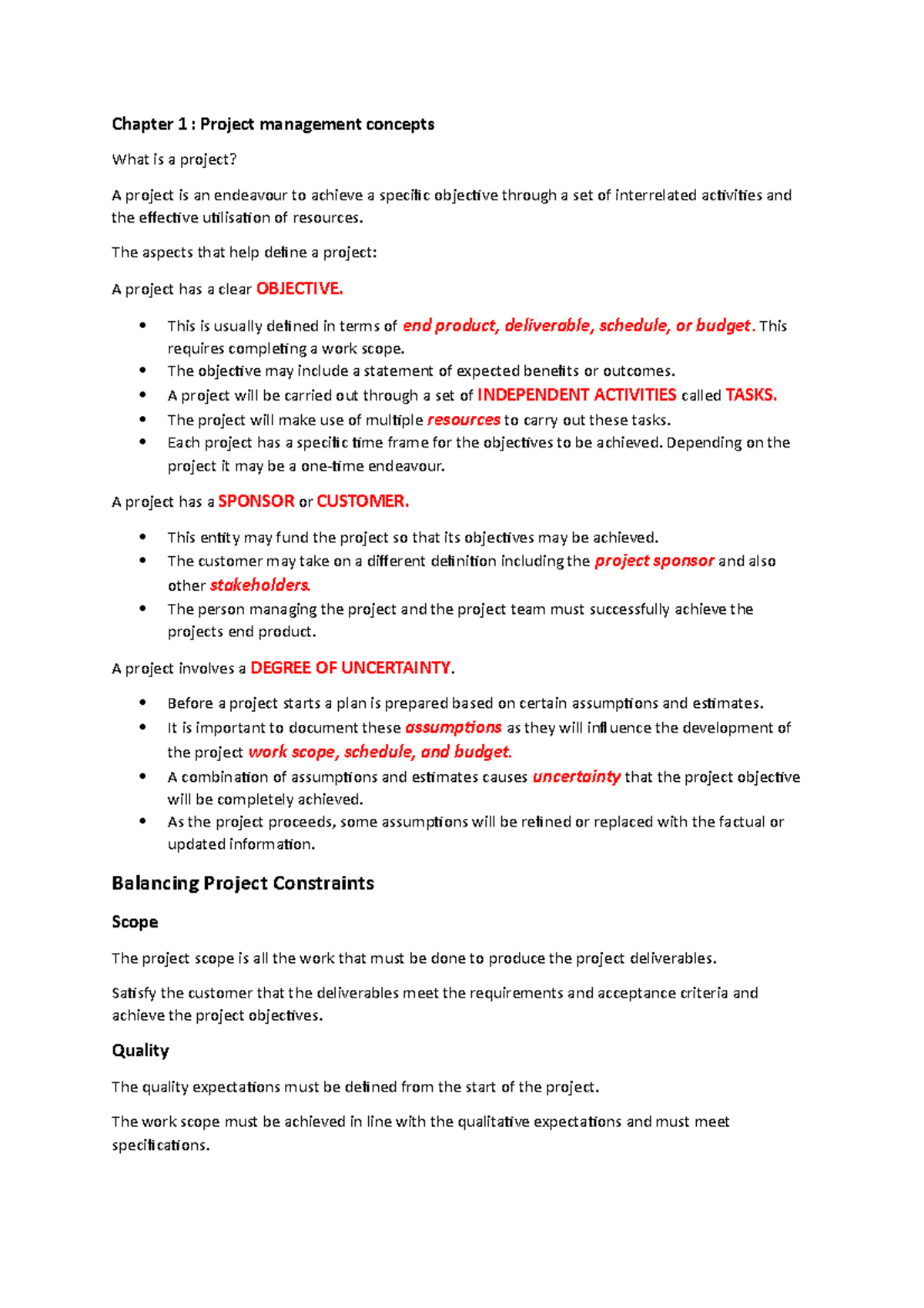 Chapter 1: Introduction to Project Management Concepts - Studocu