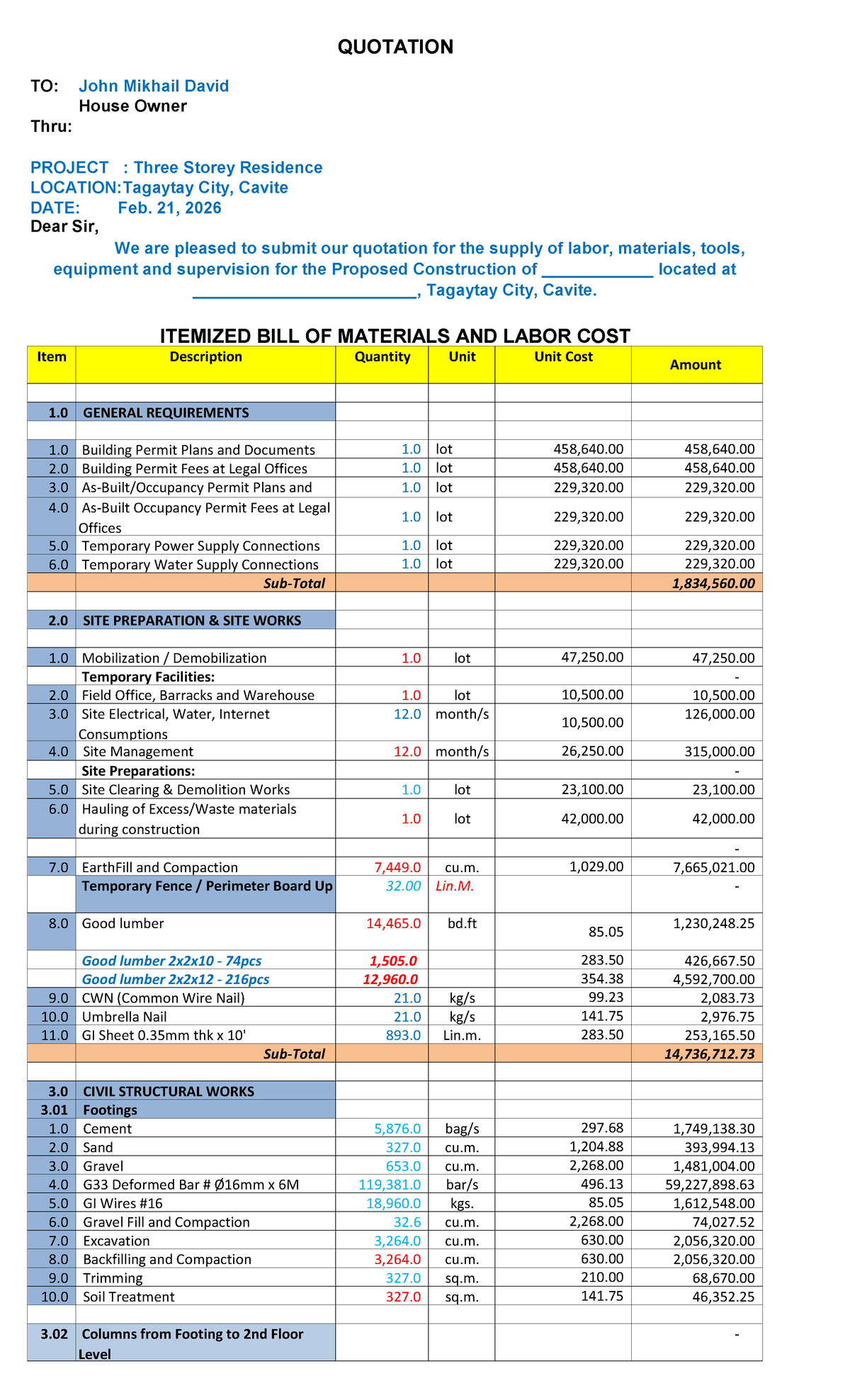 Quotation for Proposed Construction: Three Storey Residence in Tagaytay ...
