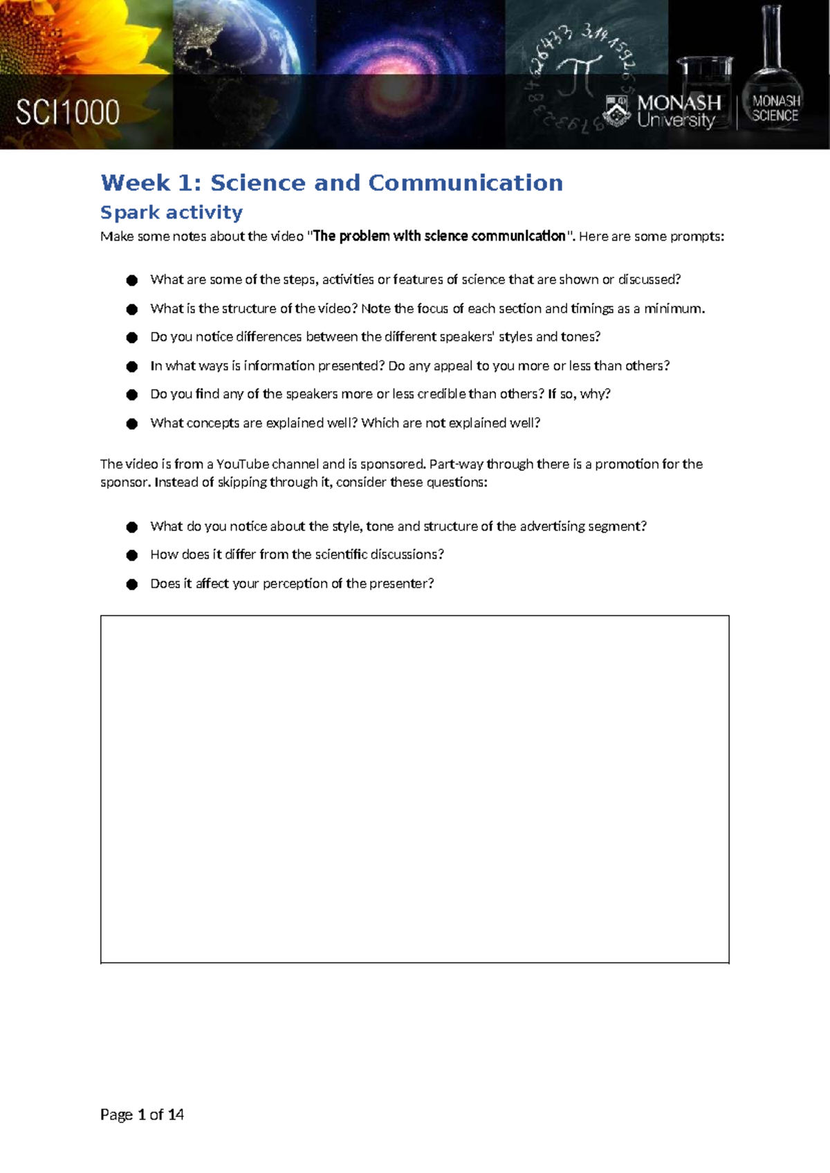 SCI1000 Week 1 Worksheet: Understanding Science Communication S1 2024 ...