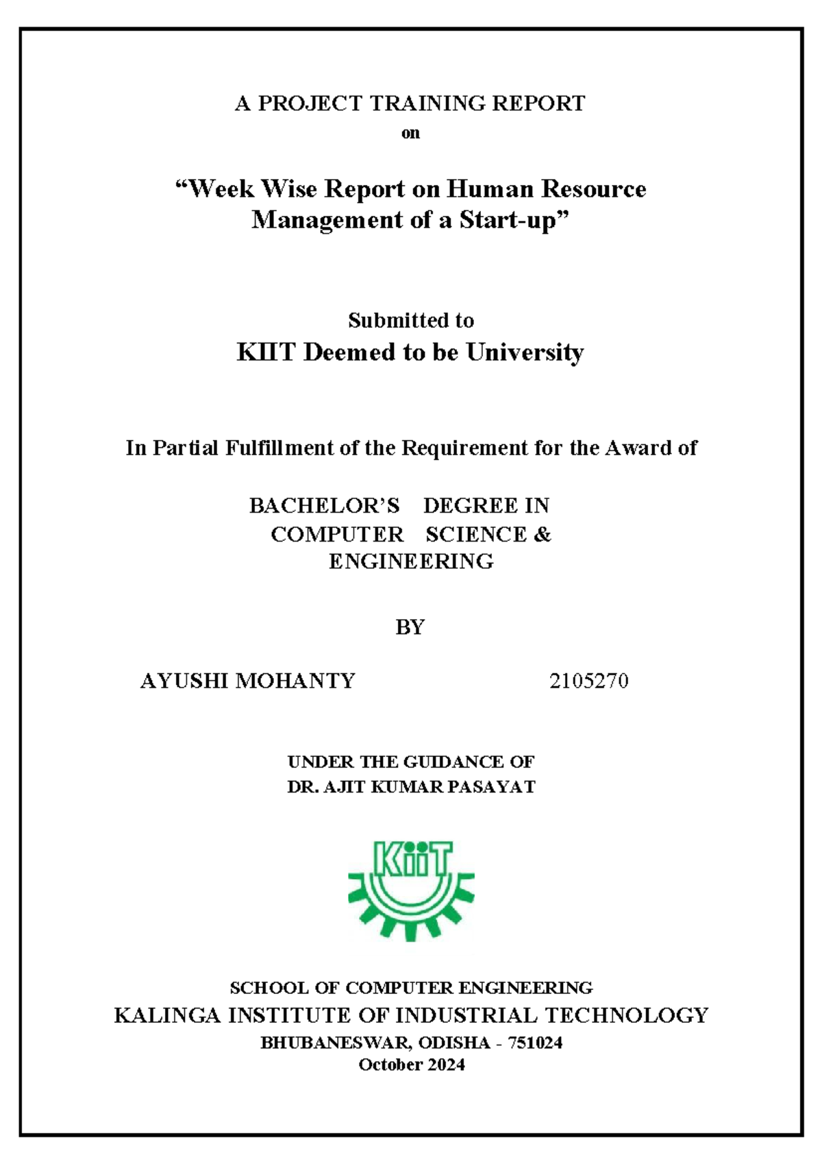 KIIT CSE Project Training Report: 8-Week HR Management Internship - Studocu