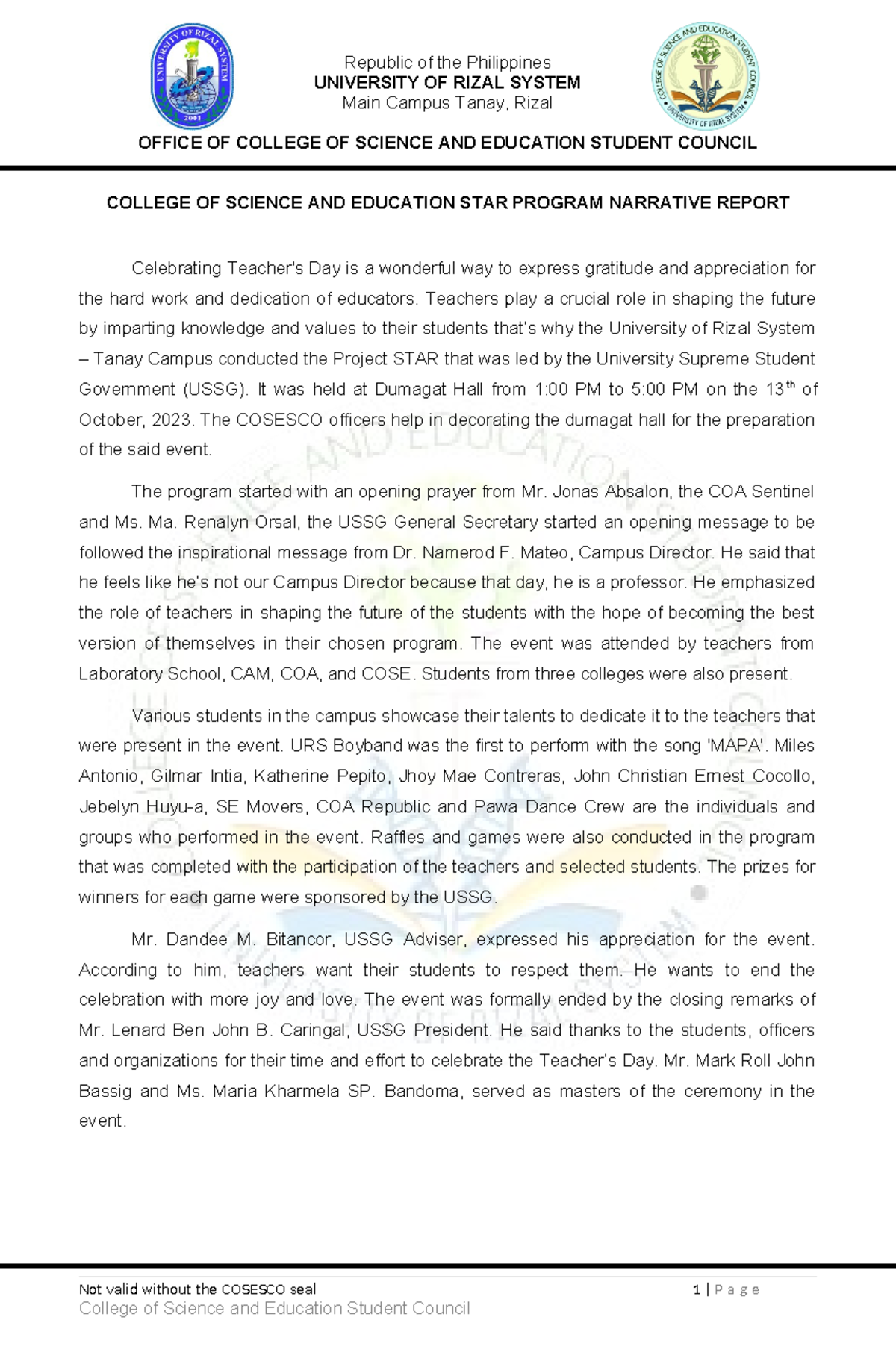College of Science and Education STAR Program Narrative Report - Studocu