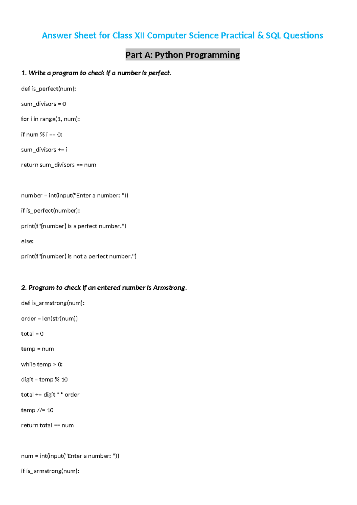 Class XII Computer Science Practical SQL Questions & Python Programs ...