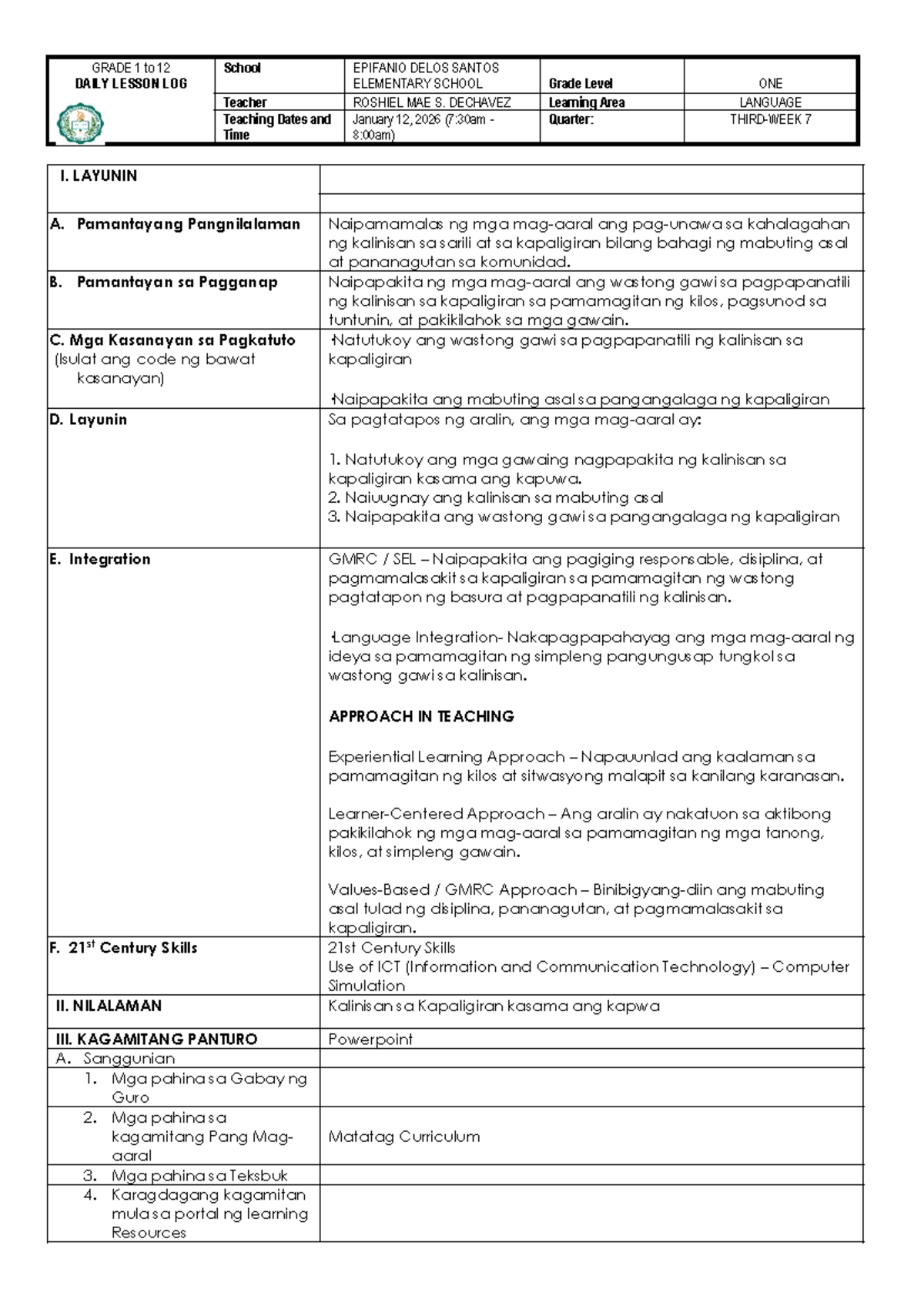 WEEK 7 GMRC DLL - Daily Lesson Log for Grade 1 Language - Studocu