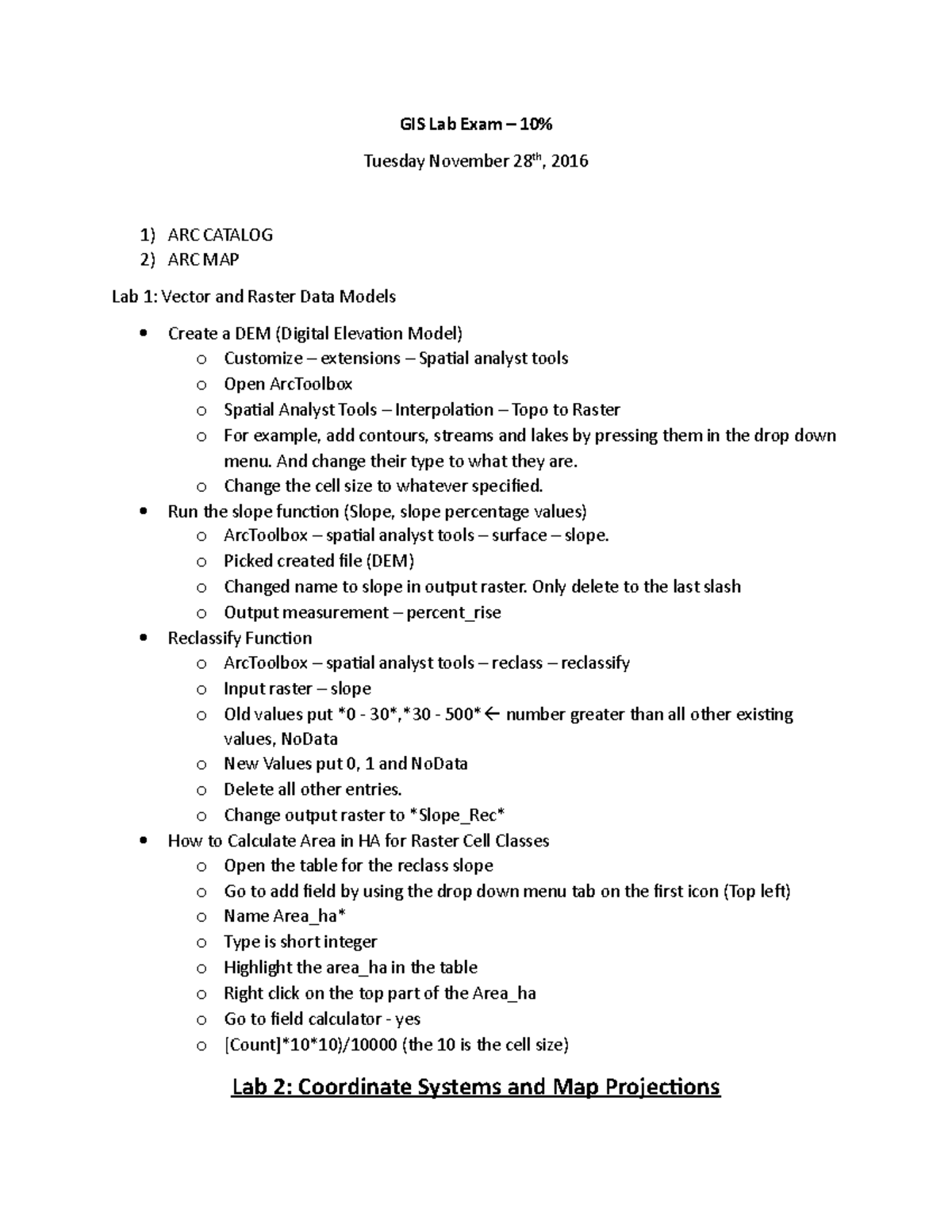 GIS Lab Exam - Lecture notes all - GIS Lab Exam – 10% Tuesday November ...