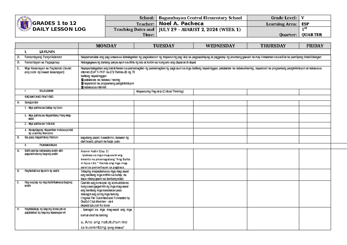 DLL ESP 5 Q1 W1 - Daily Lesson Log for Grades 1-12 - Studocu