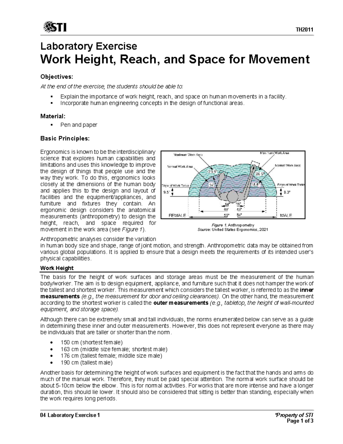 TH2011 Laboratory Exercise on Ergonomics: Work Height & Movement Space ...