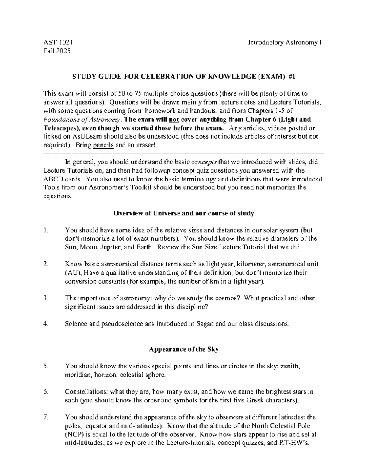 AST 1021 Fall 2025 Study Guide for Introductory Astronomy I Exam - Studocu