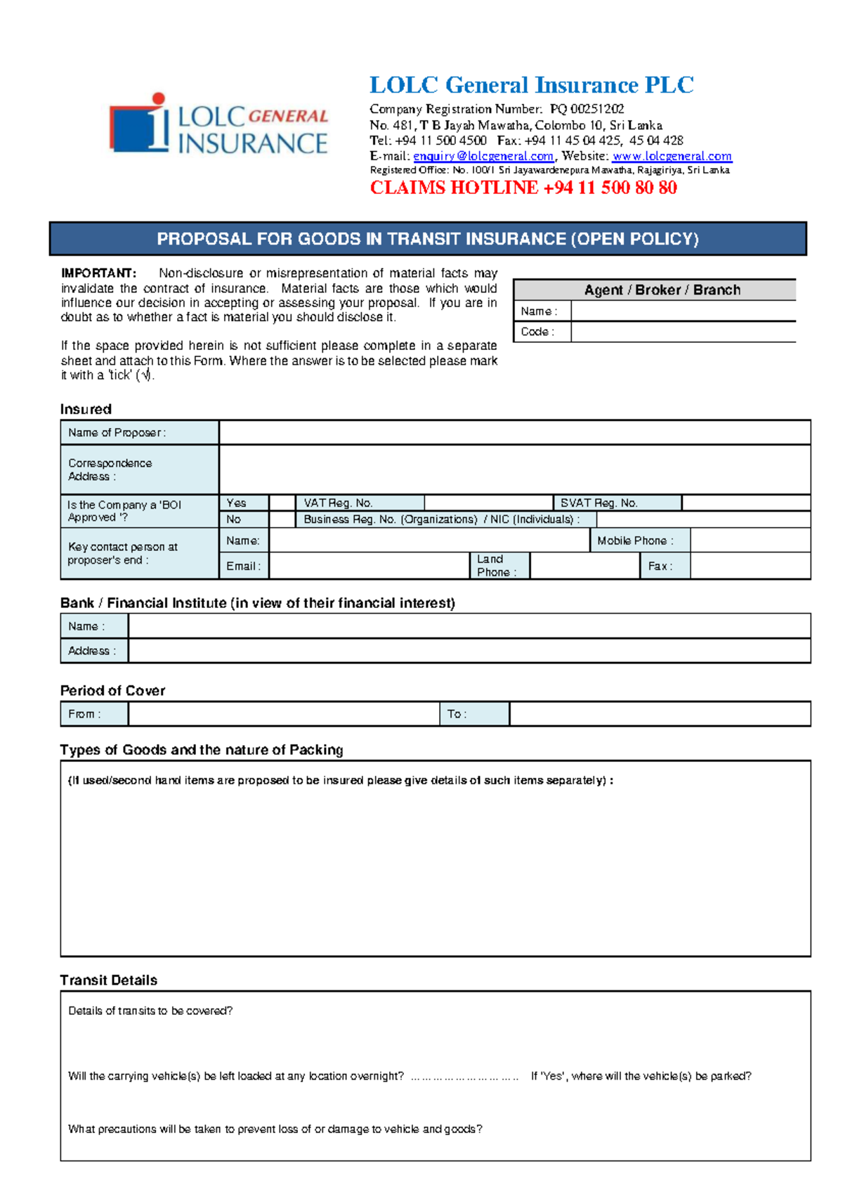 Goods in Transit Insurance Proposal Form - New Open Policy PQ 00251202 ...