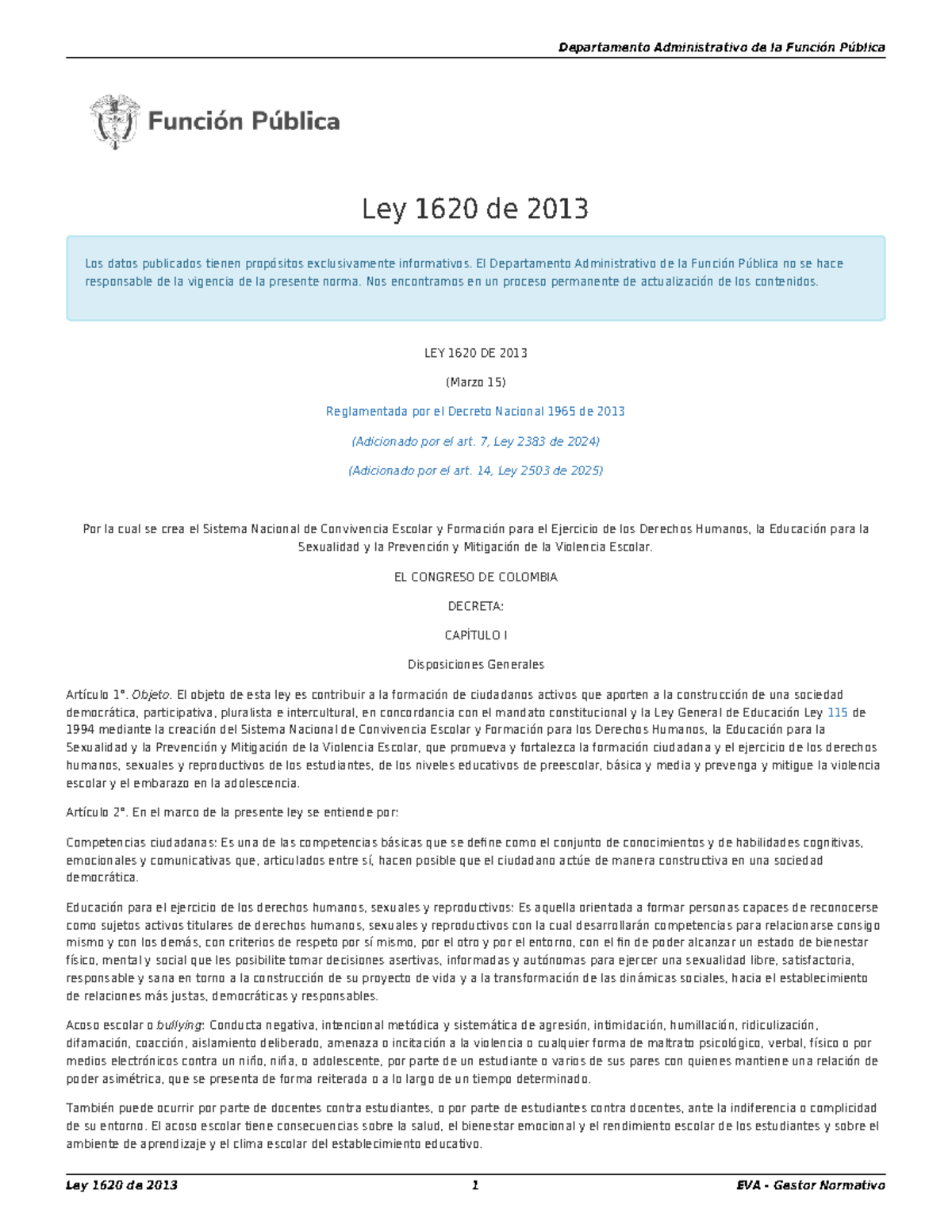 Ley 1620 de 2013 - Análisis de la Convivencia Escolar y Derechos ...