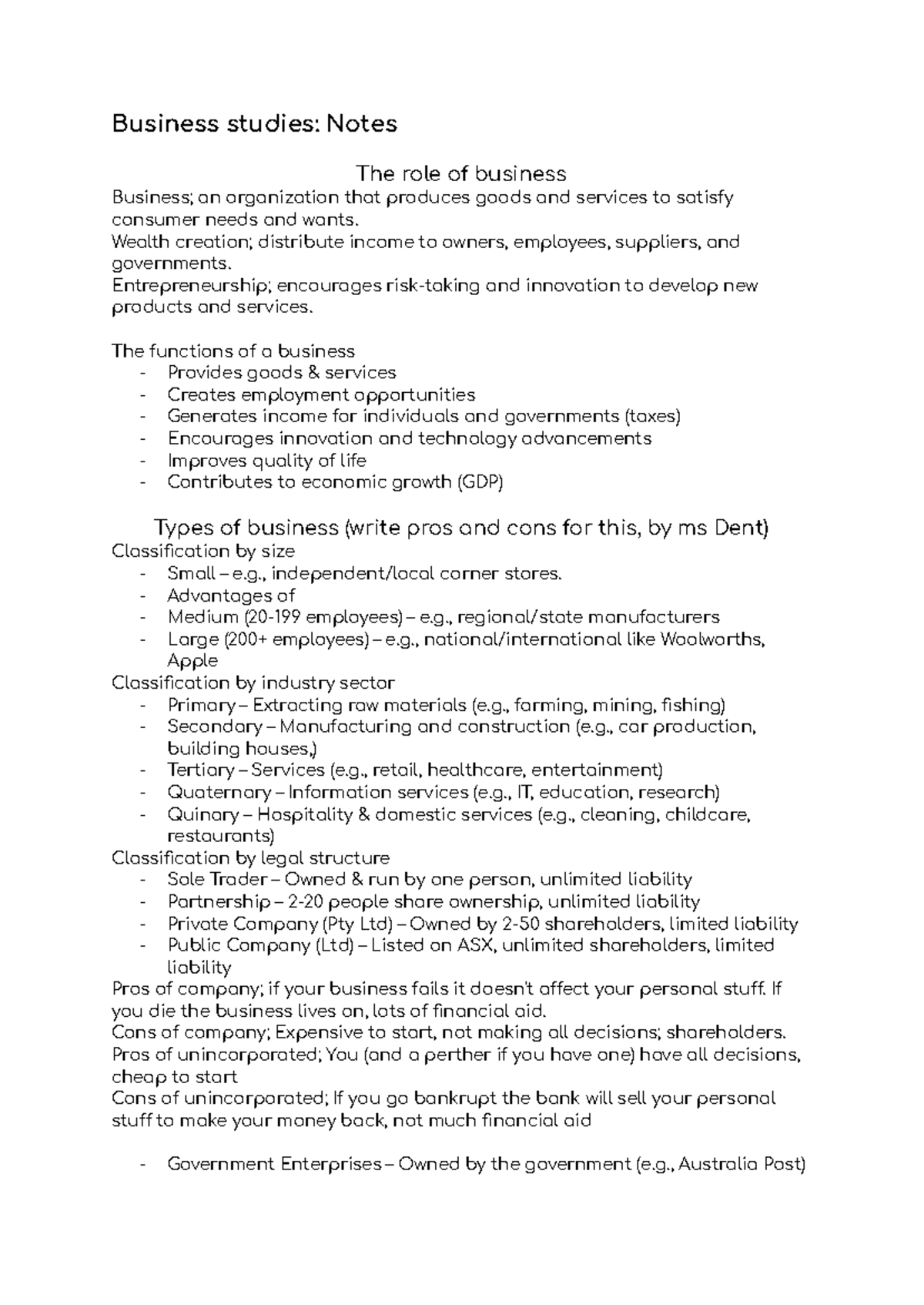Business Studies: Notes on the Role of a Business (BS101) - Studocu