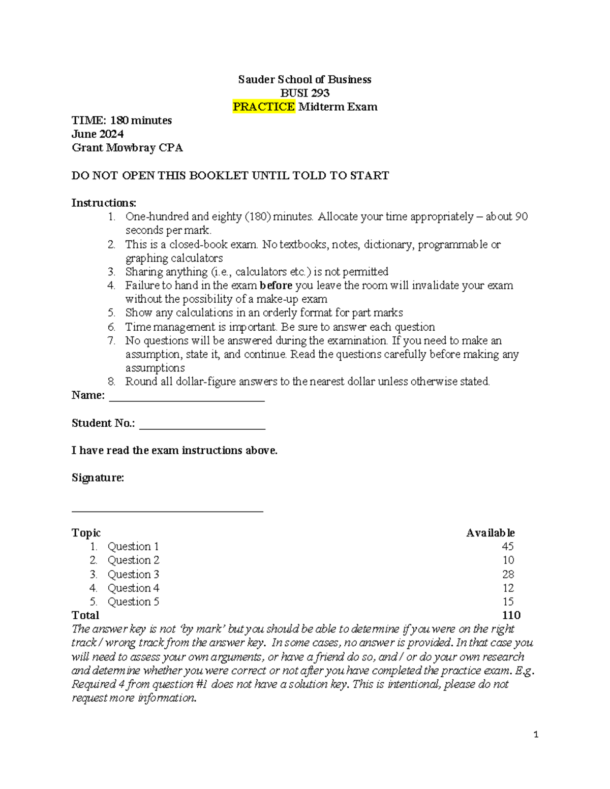Practice Midterm Review for BUSI 293 - Sauder School of Business - Studocu