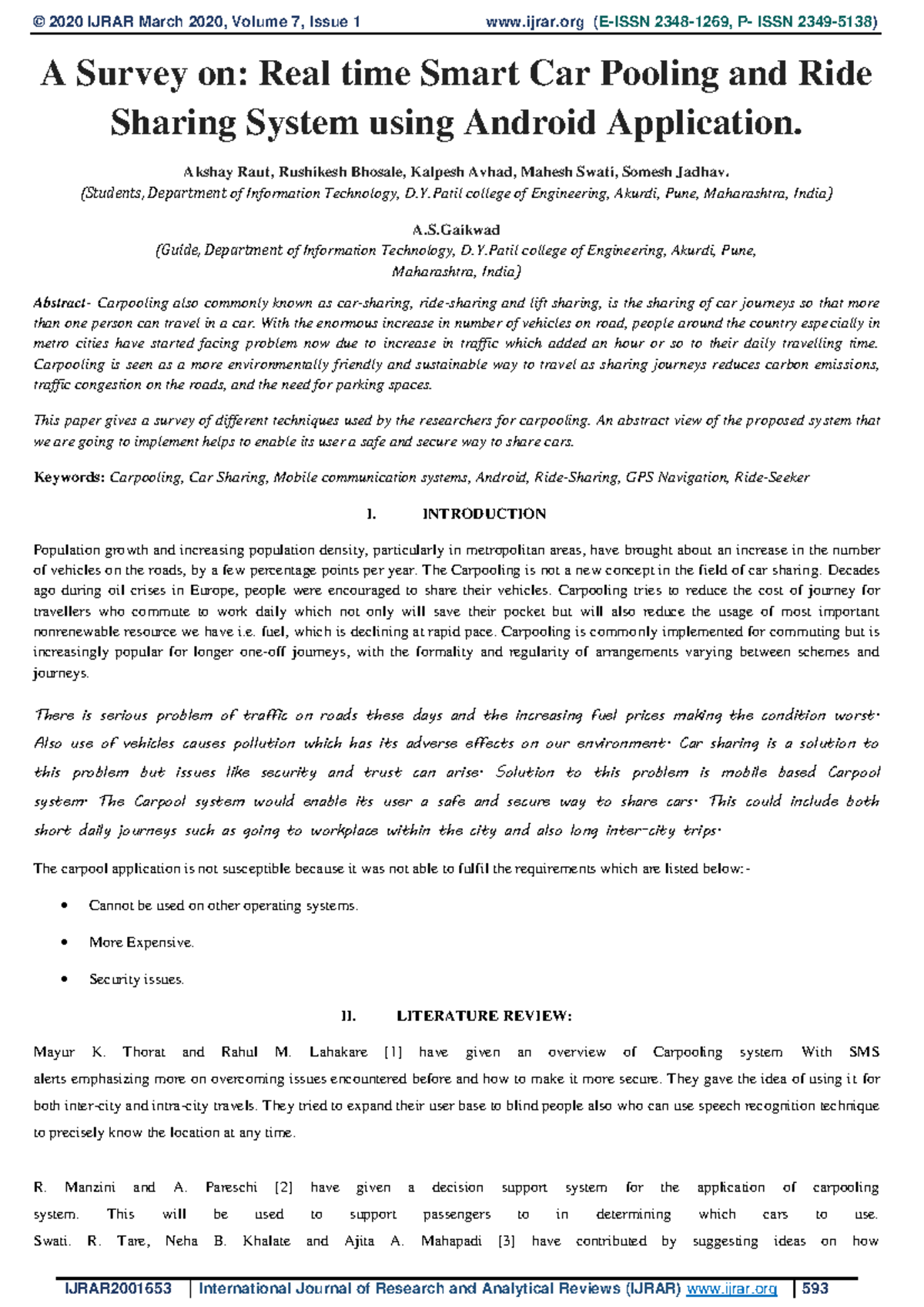 Paper - 1 - A Survey on: Real time Smart Car Pooling and Ride Sharing ...