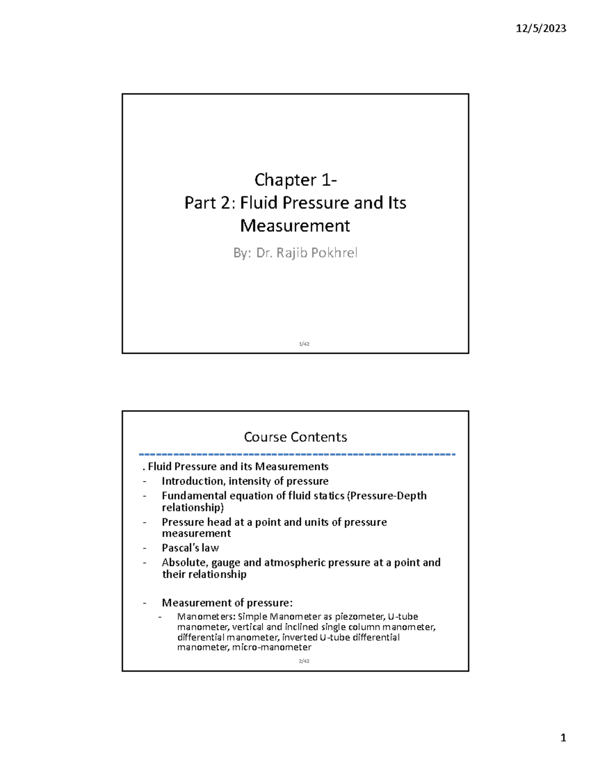Chapter 1 Part 2: Fluid Pressure & Measurement Techniques - Dr. Rajib ...