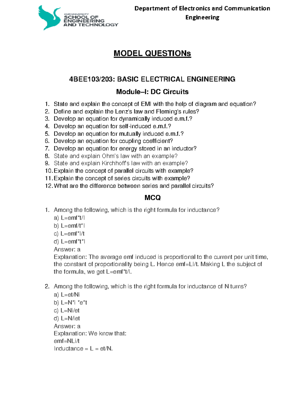 Department of Electronics and Communication Engineering MODEL QUESTIONS ...