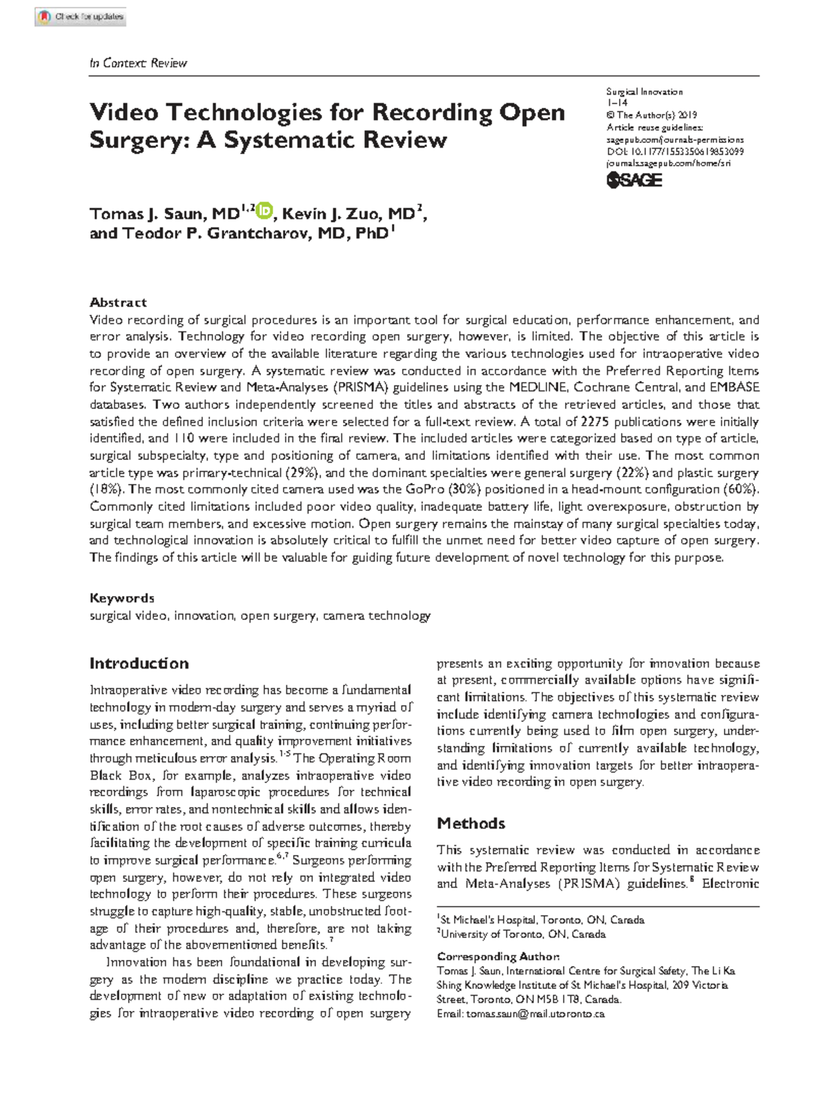 Video Technologies for Recording Open Surgery: A Systematic Review ...