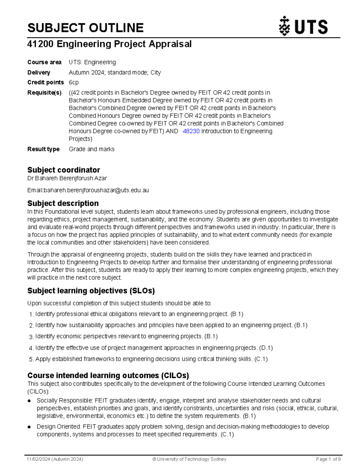 Engineering Project Appraisal 41200: Comprehensive Subject Outline for ...