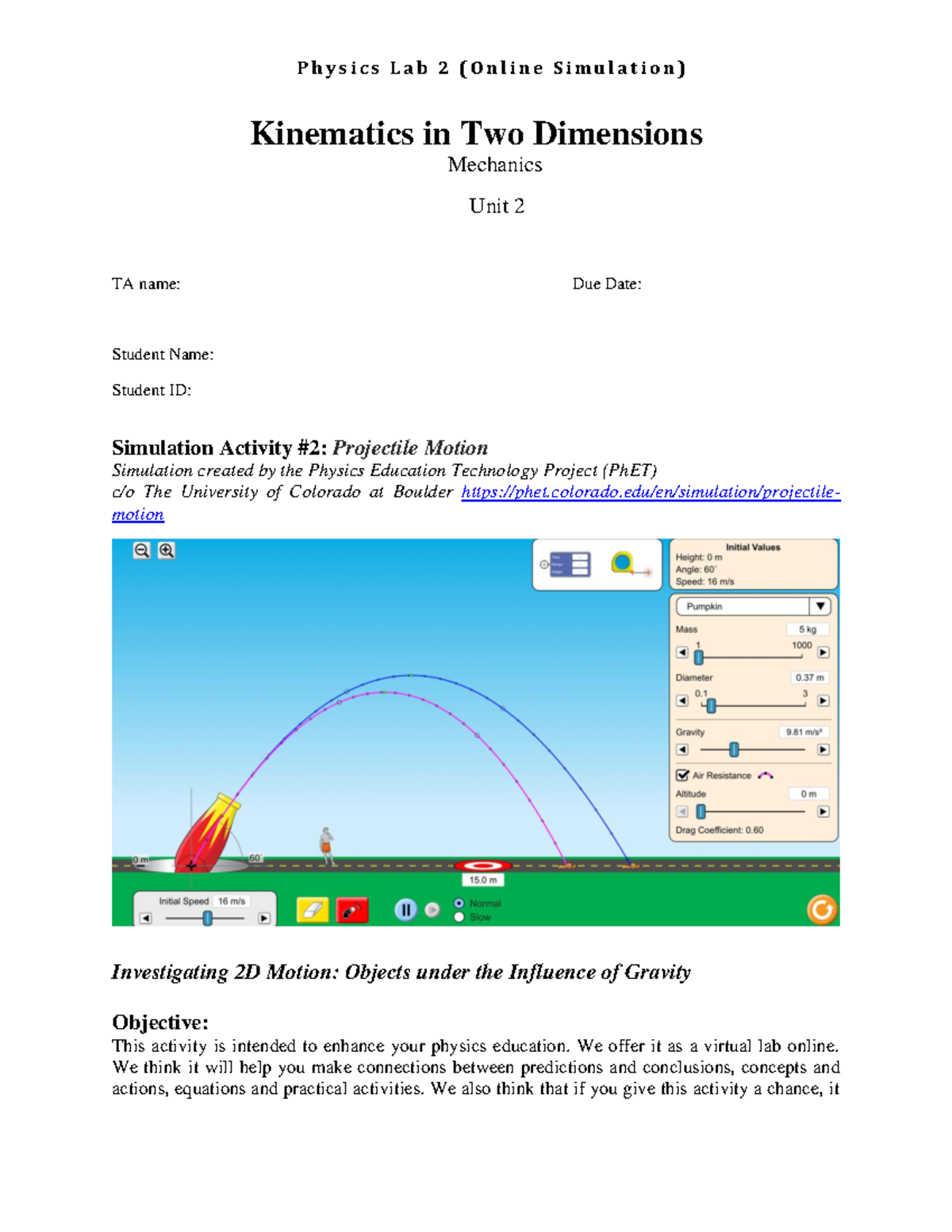 Lab 2 Knematics 2 D Onlinenew 1 1 - Kinematics in Two Dimensions ...