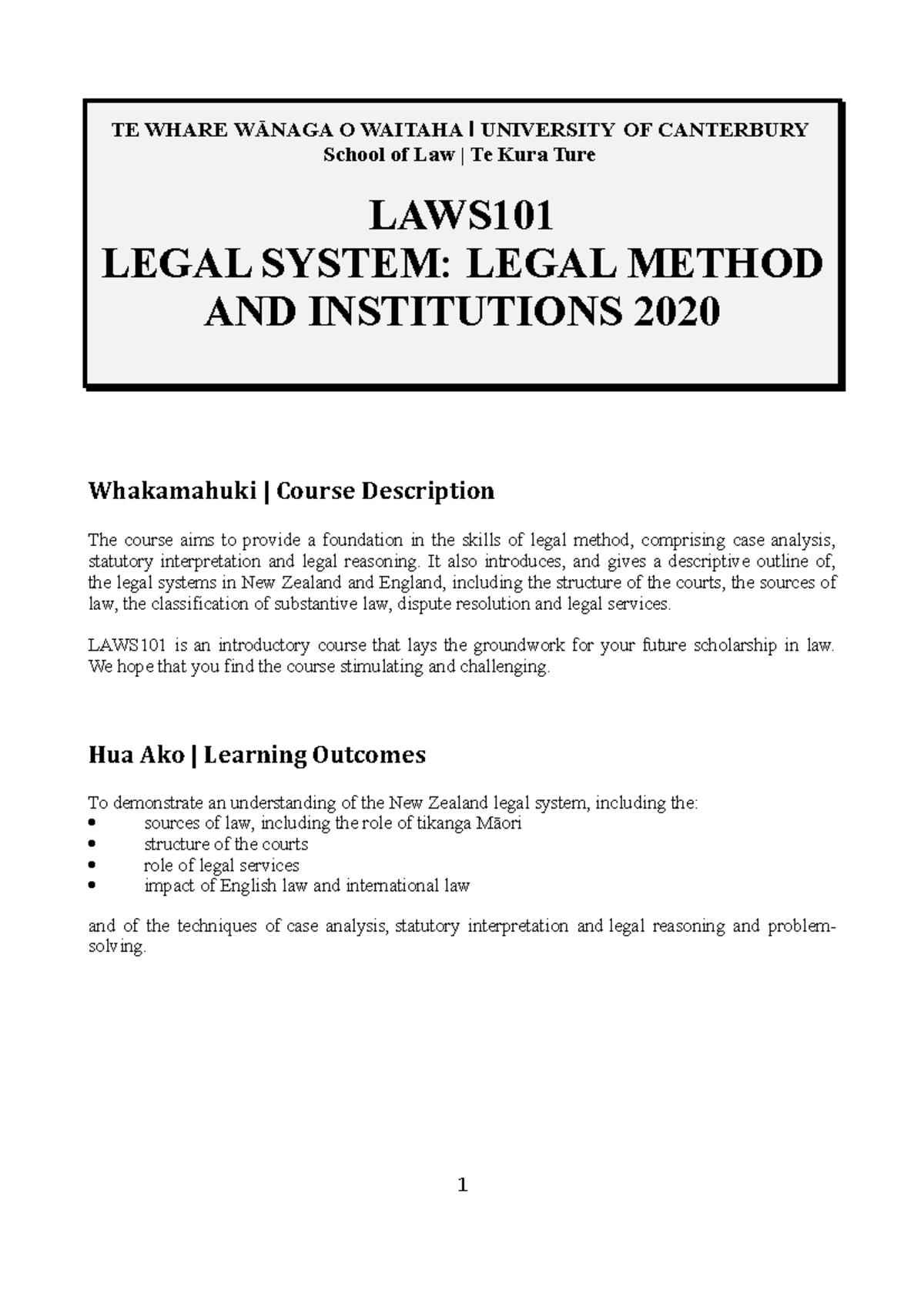 2020 LAWS101 Final Course Outline & Learning Objectives - Studocu