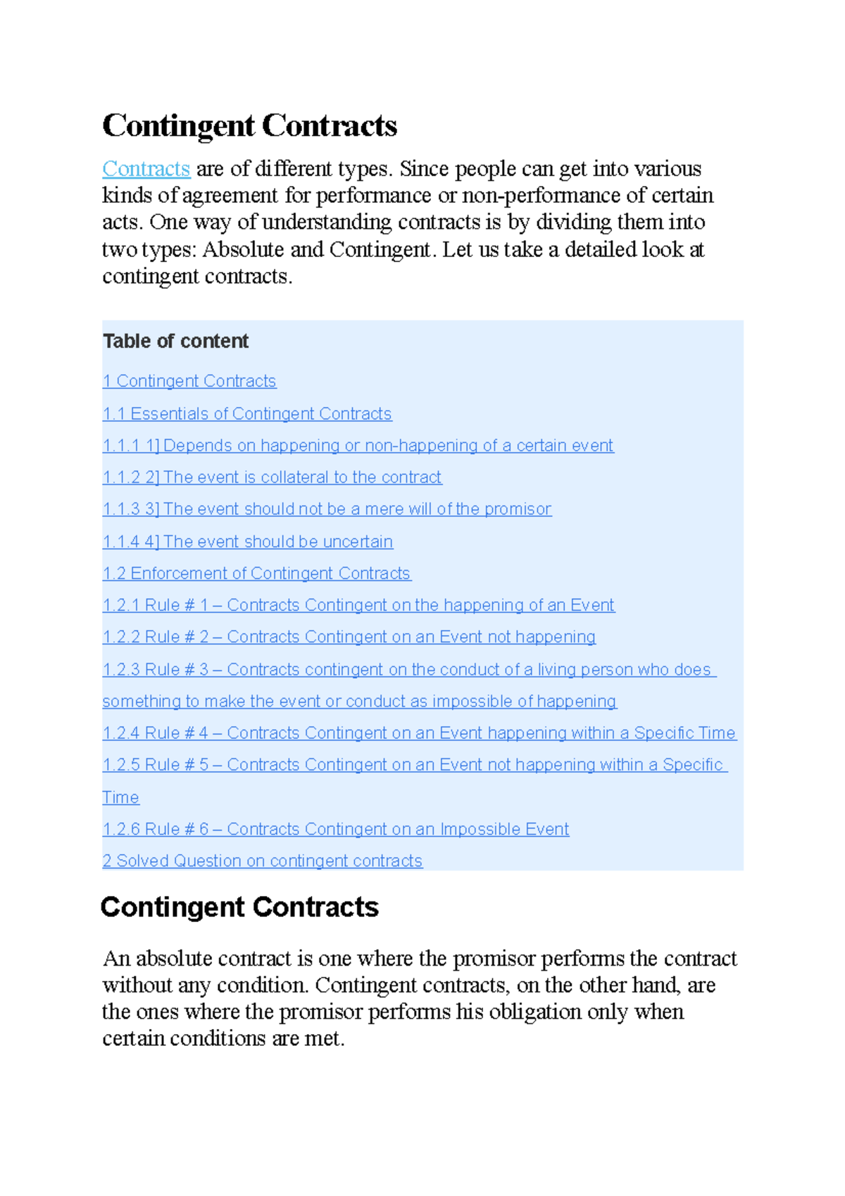 Contingent Contracts: Essentials and Enforcement under Indian Law - Studocu