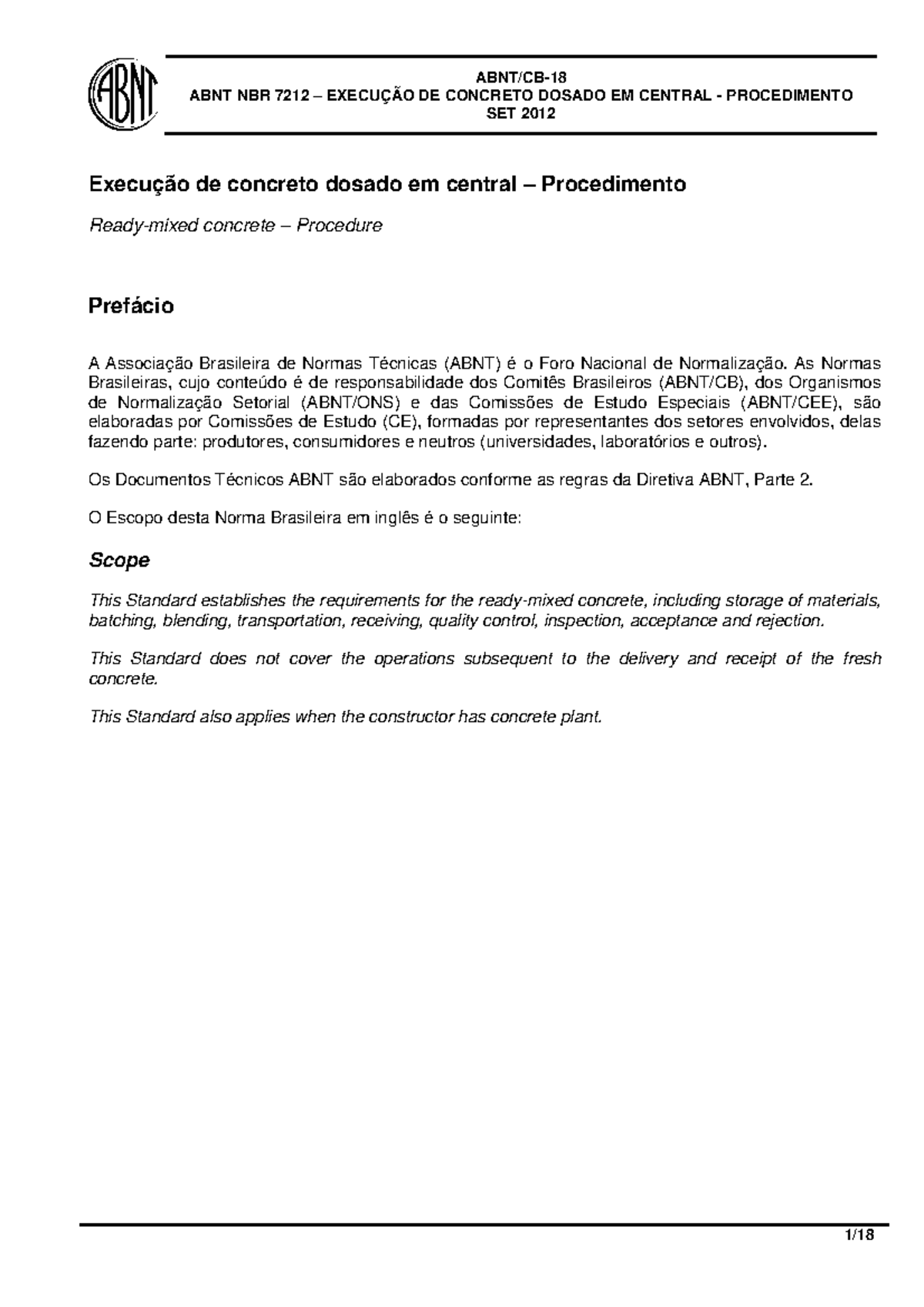 ABNT NBR 7212: Procedimento para Concreto Dosado em Central - SET 2012 ...