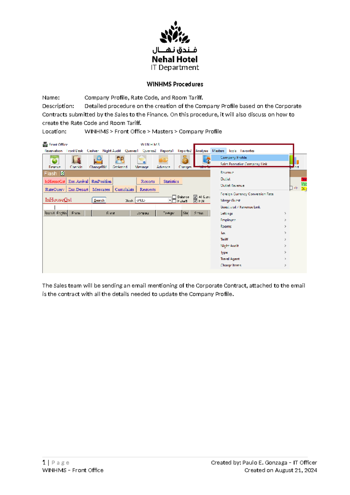 WINHMS Procedures: Company Profile, Rate Code & Room Tariff Guide - Studocu