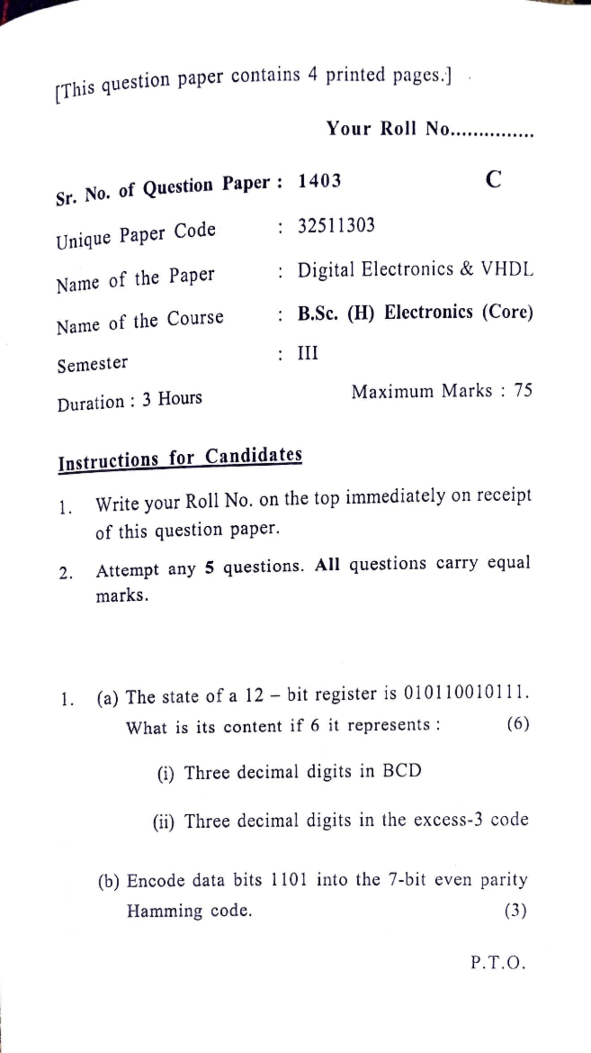 Digital paper 2022 - question paper contains 4 printed Your Roll No Sr ...
