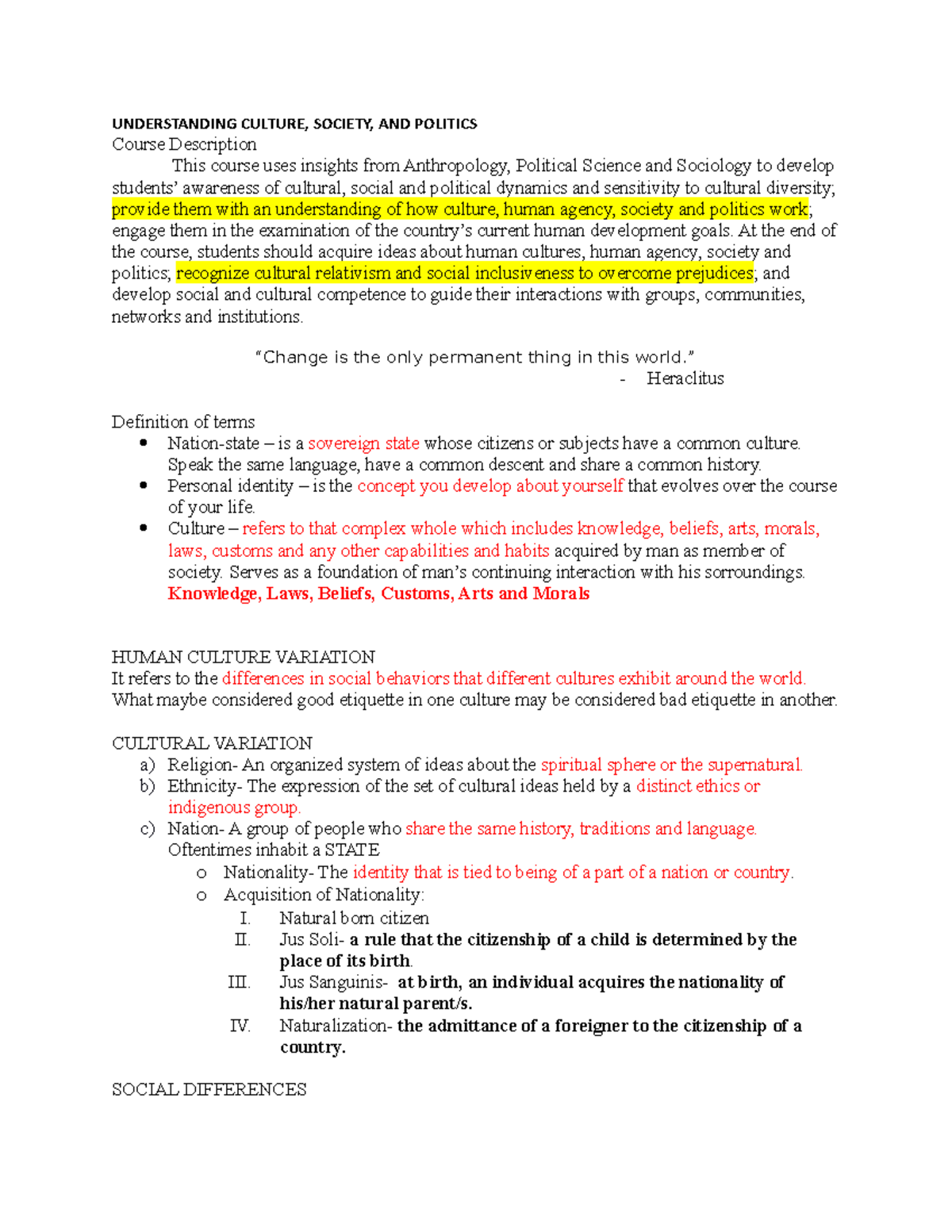UCSP reviewer - Lecture notes 1 - UNDERSTANDING CULTURE, SOCIETY, AND ...
