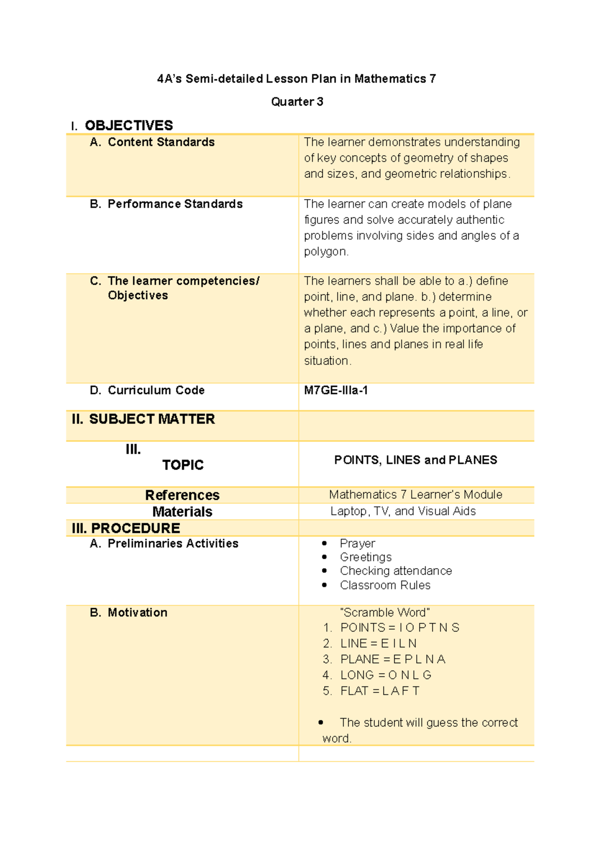 Lesson- Plans-Math 7 101 - 4A’s Semi-detailed Lesson Plan in ...