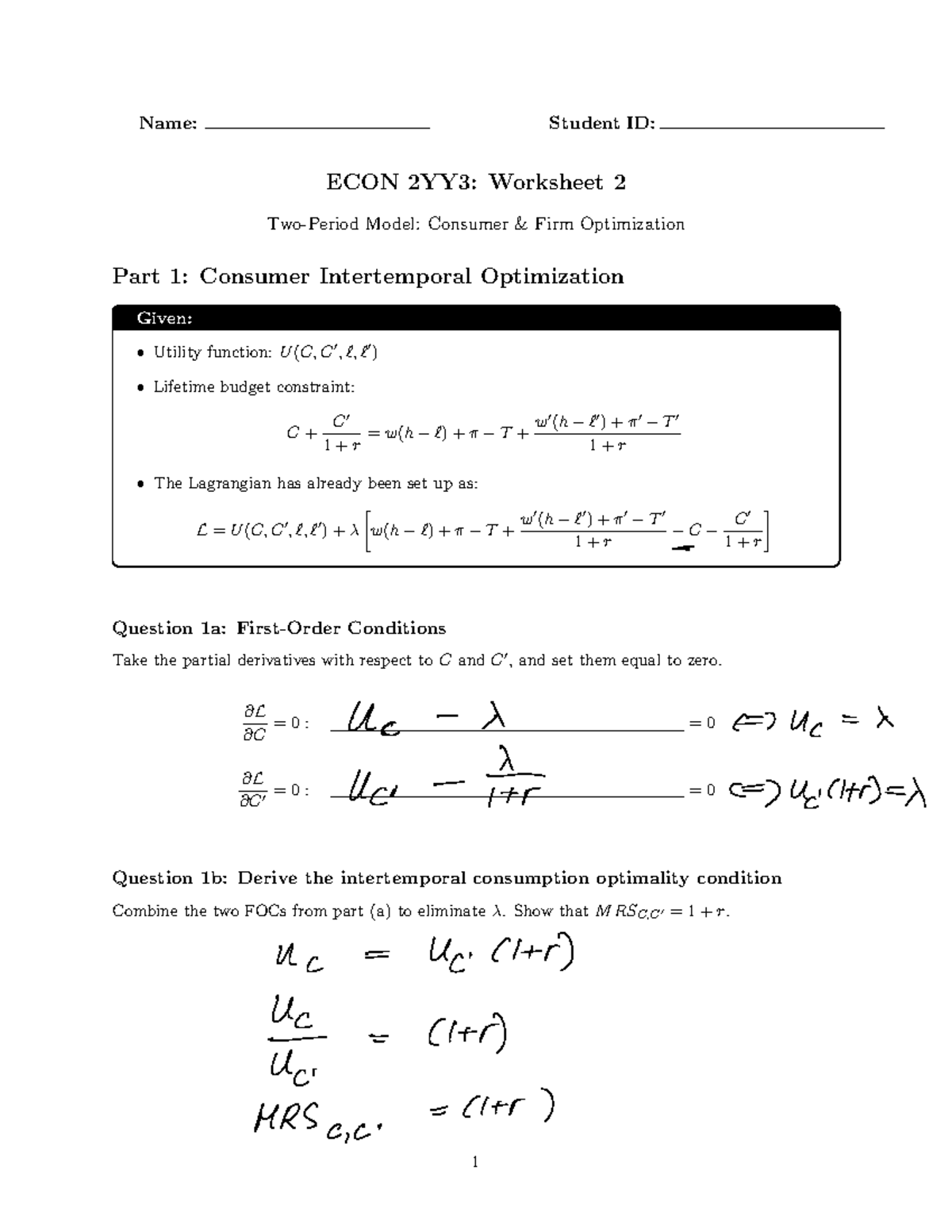 ECON 2YY3: Worksheet 2 - Consumer & Firm Optimization Solutions - Studocu