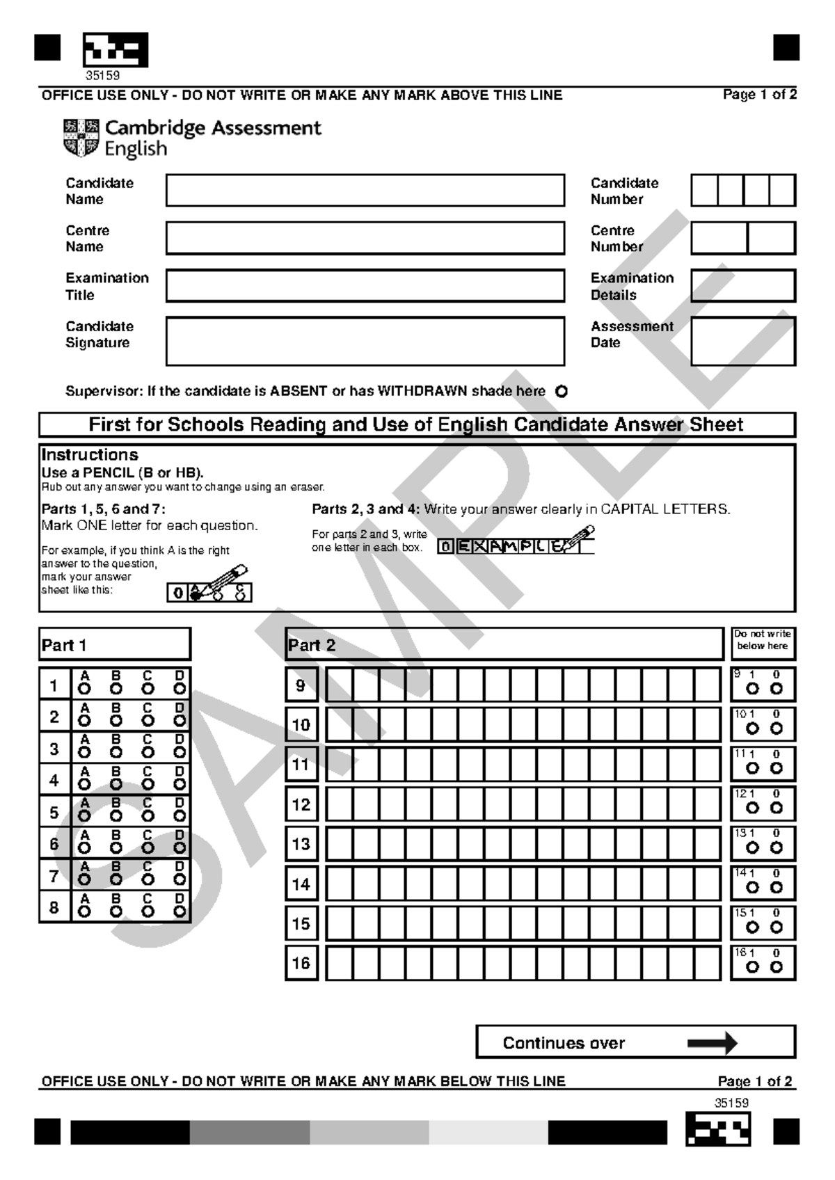 B2 First for Schools Reading & Use of English Sample Answer Sheet - Studocu