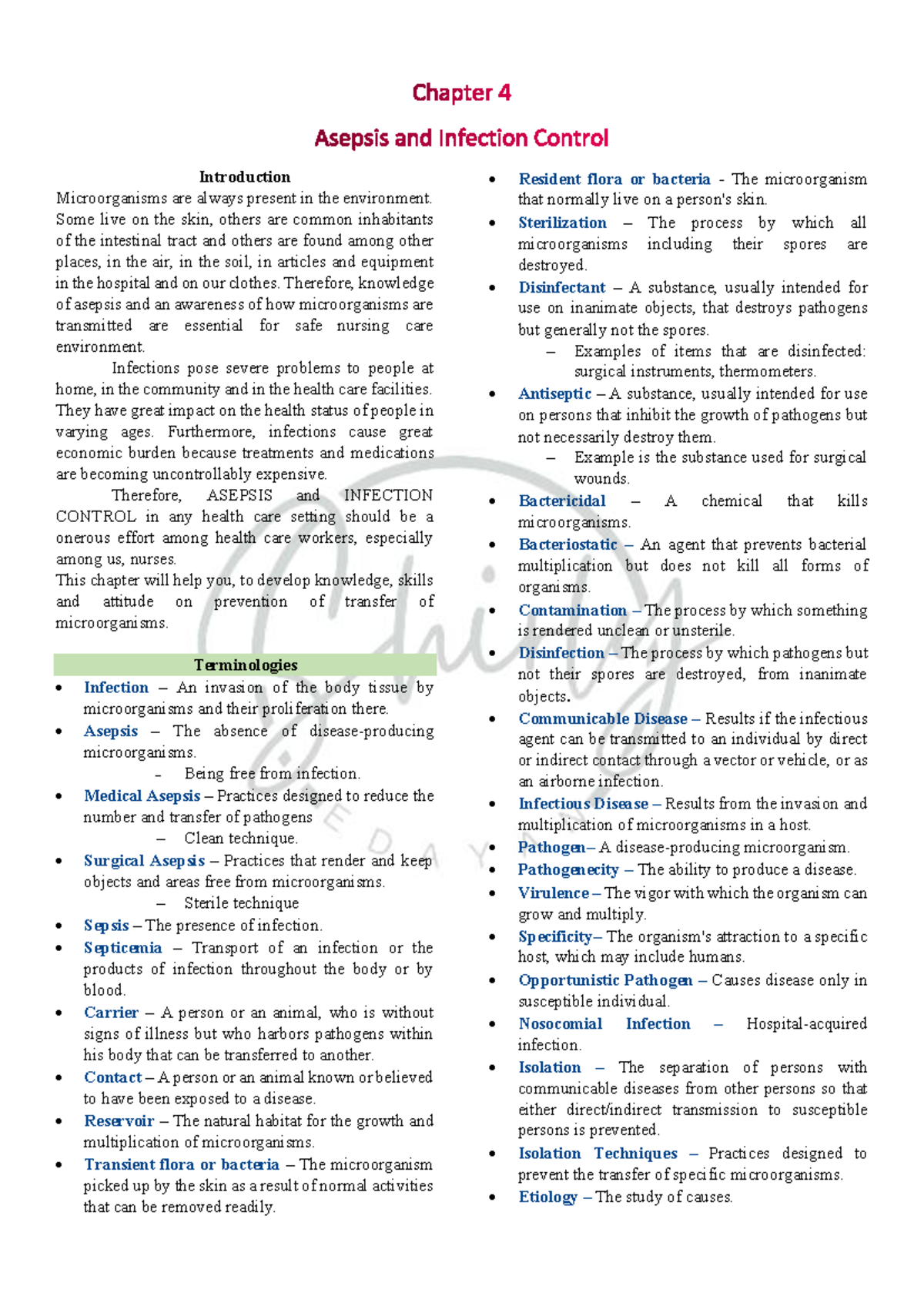 Chapter 4: Asepsis and Infection Control in Nursing Care - Studocu