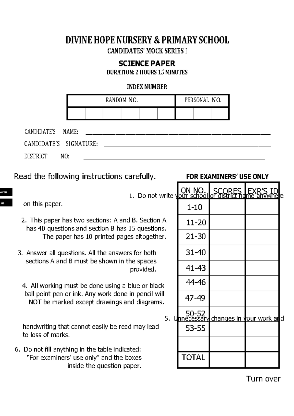 P7 Science Mock Exam Set 1 2026 - Divine Hope Nursery School - Studocu