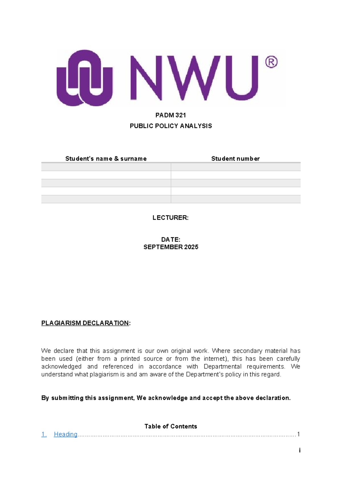 PADM 321 Public Policy Analysis Assignment Cover Template - Studocu