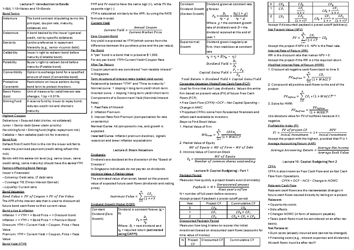 Cheat Sheet: Final Exam Finance Concepts and Key Terms - Studocu
